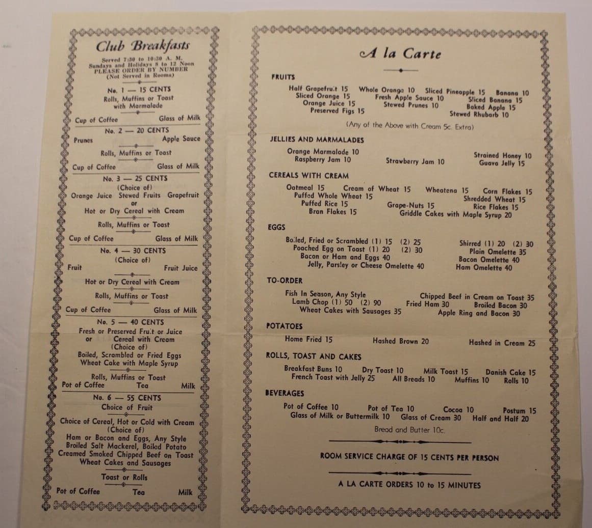 1930's Breakfast menu George Washington Hotel Lexington Ave at 23rd St New York 3
