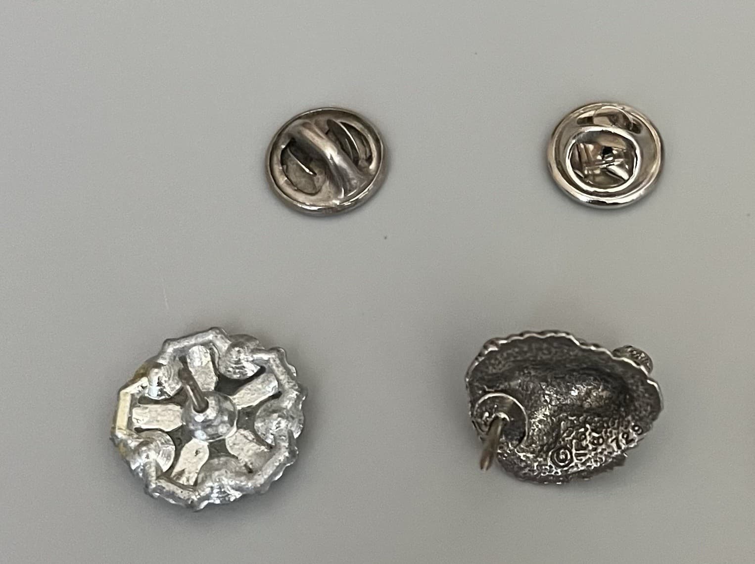 Two Tie Tacks-Pin Backs-Lapel Pins Pewter Bear & Pot Metal With Clear Rhinestone 3