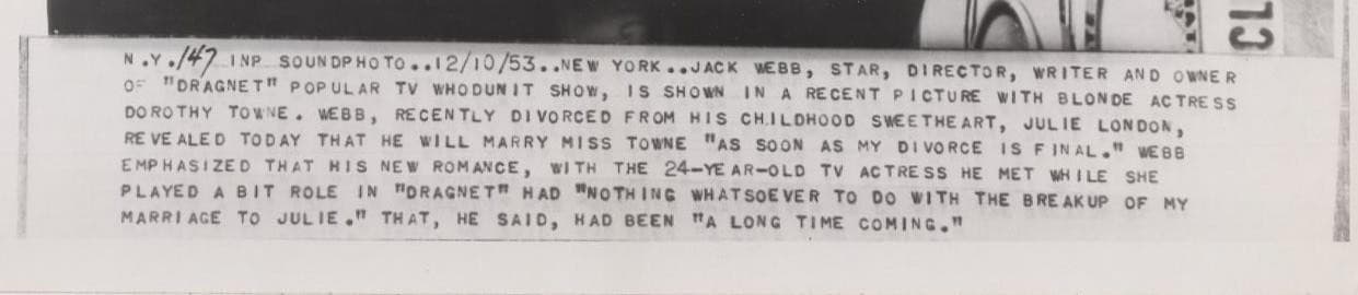 JACK WEBB PRESS PHOTO #5 Dorothy Towne 1953 Orig INTERNATIONAL NEWS - DRAGNET TV 4