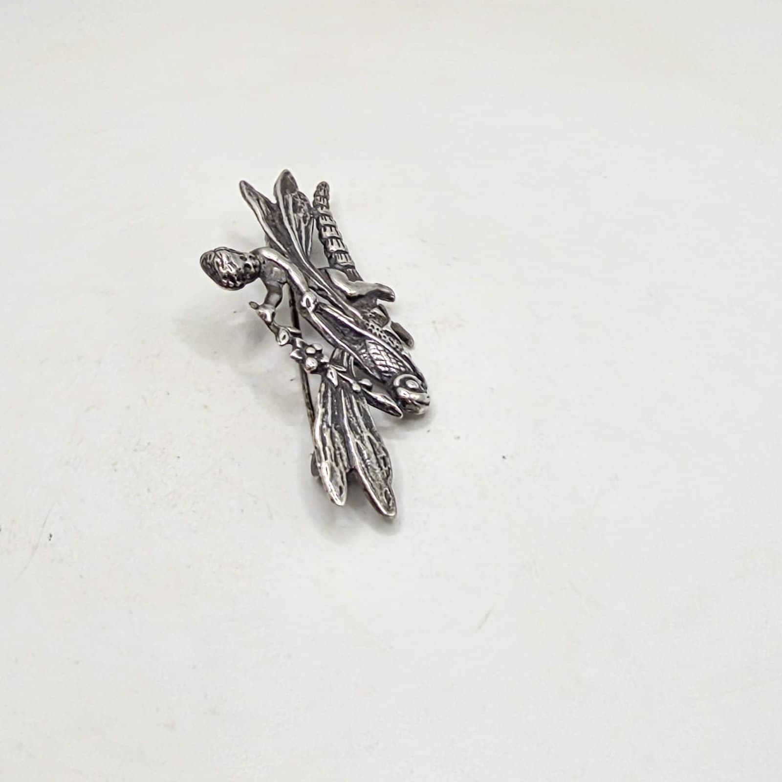 Sterling Silver 925 Art Nouveau Style Fairy Cherub Dragonfly 1.75" Brooch Pin 2
