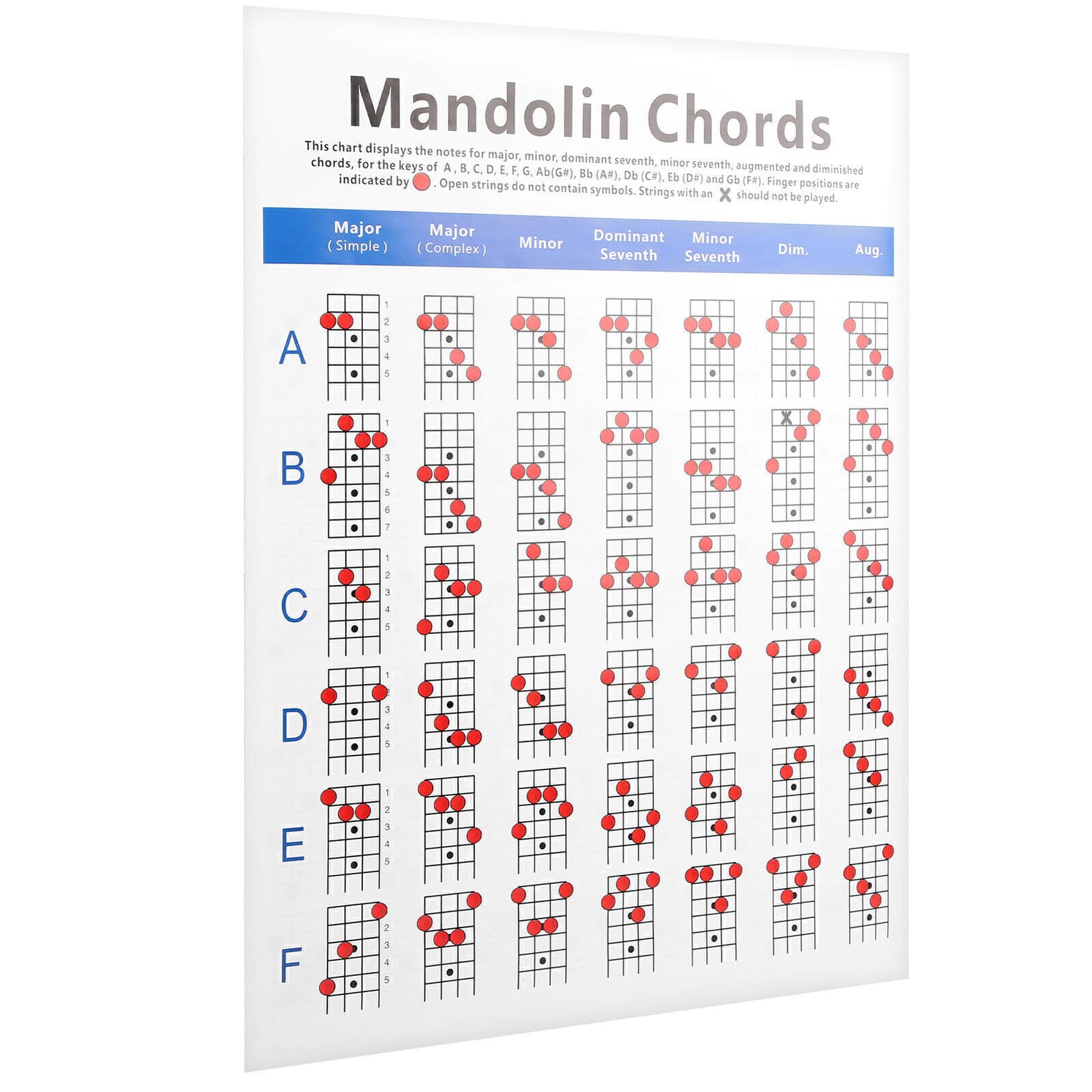 Practical Mandolin Chord Chart Fretboard Notes Coated Paper for Beginners Adult 2