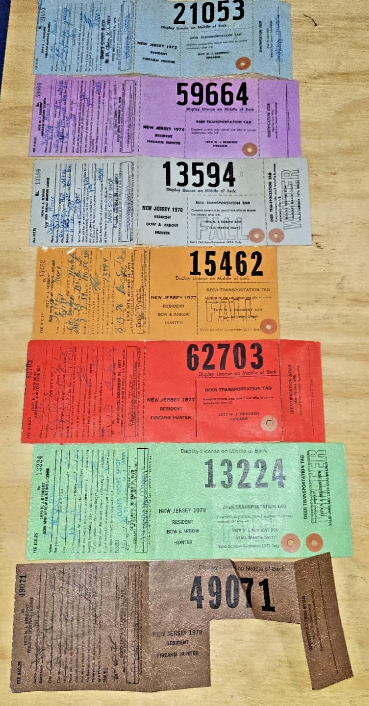 Lot 7 New Jersey State Big Game Deer Licenses Tags Firearm Bow Hunter 1975-1979