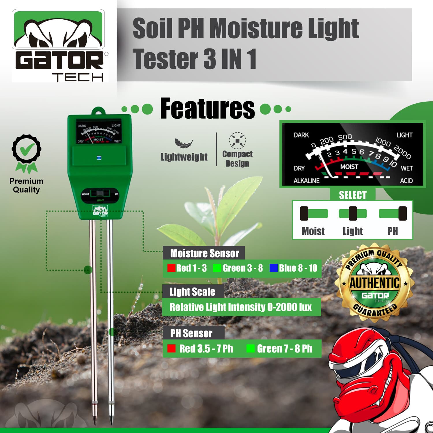 3-in-1 Soil pH Water Moisture Light Tester Meter For Plants Garden Seeding Grow 2