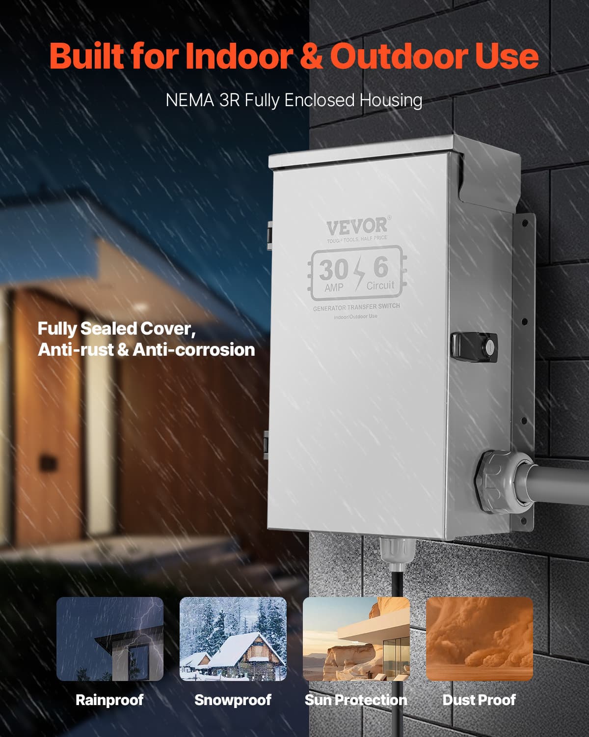 VEVOR Manual Transfer Switch 30A Generator Transfer Switch Kit NEMA 3R 7500W 4