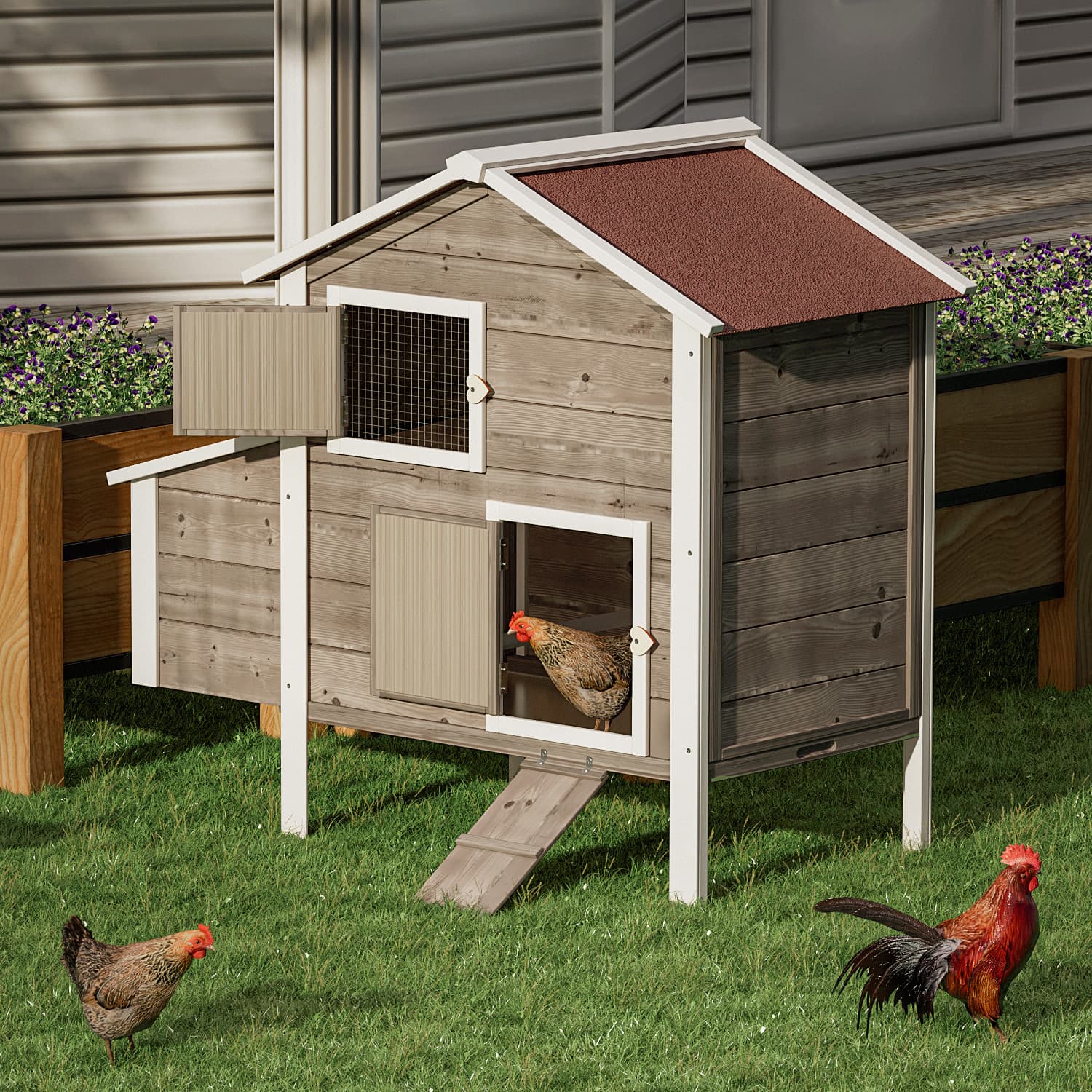 46"Wooden Chicken Coop Cage Hen Rabbit Hutch 2-Tier Poultry Habitat Animal House 4