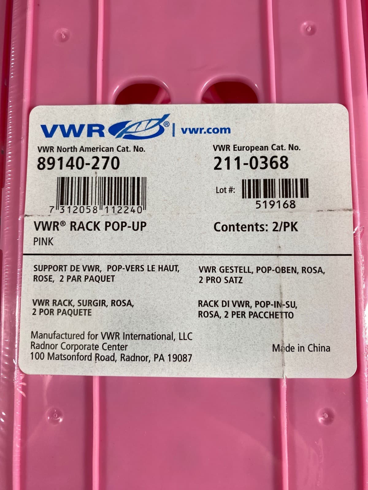 VWR Pop-Up Tube Racks For 15/50mL Tube 255L x 137W x 72Hmm Pink 89140-270 (2/cs) 3