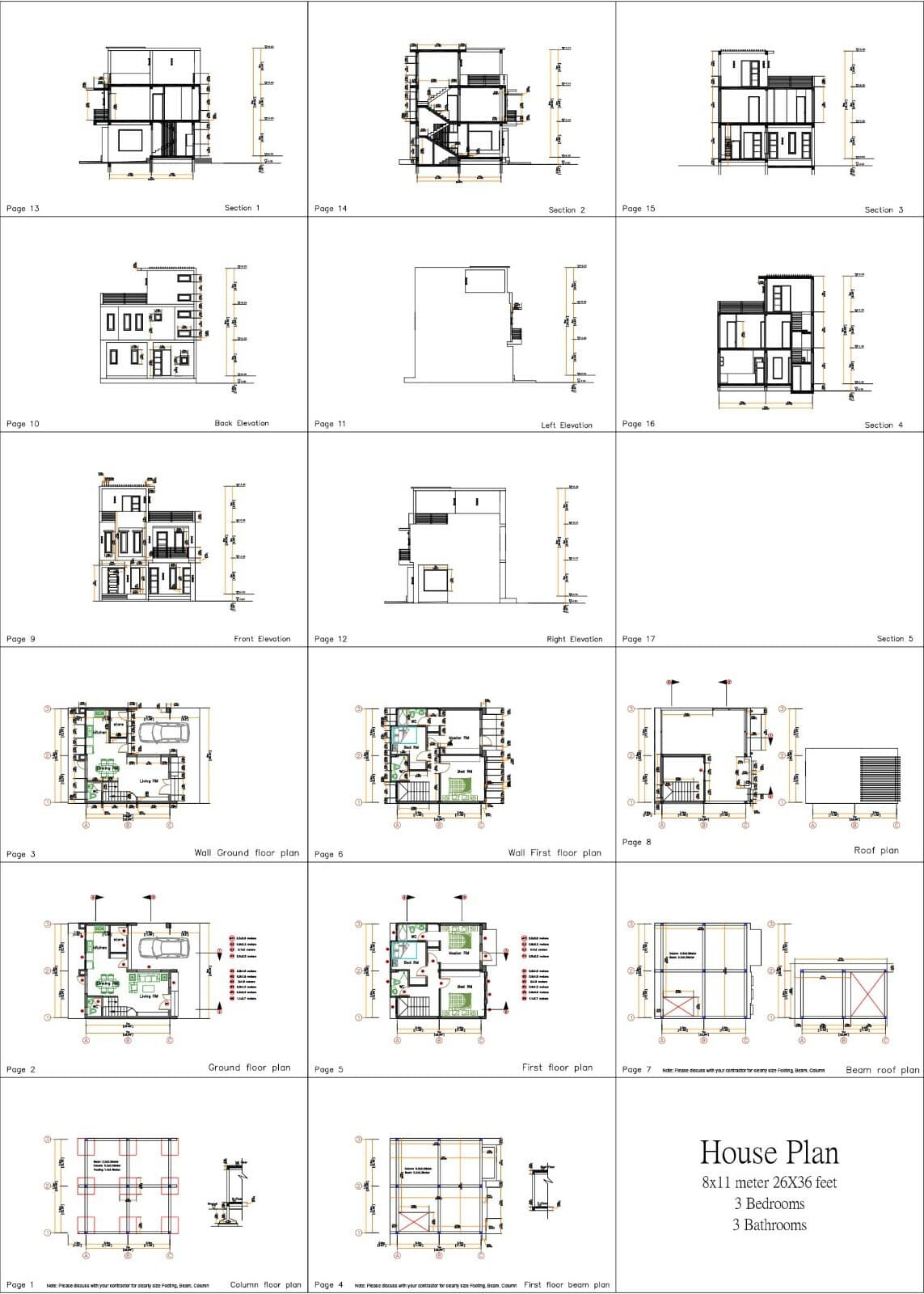 26x36 Feet Small House Plan 8x11 Meter 3 Beds 3 Baths Terrace Roof A4 Hard Copy 3
