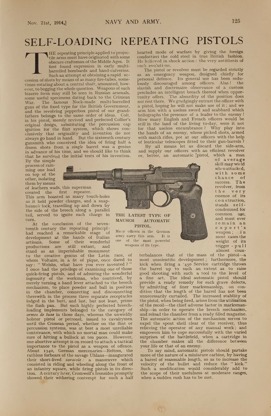 1914 WW1 ARTICLE & PICS SELF LOADING REPEATING PISTOLS MAUSER THE MARS