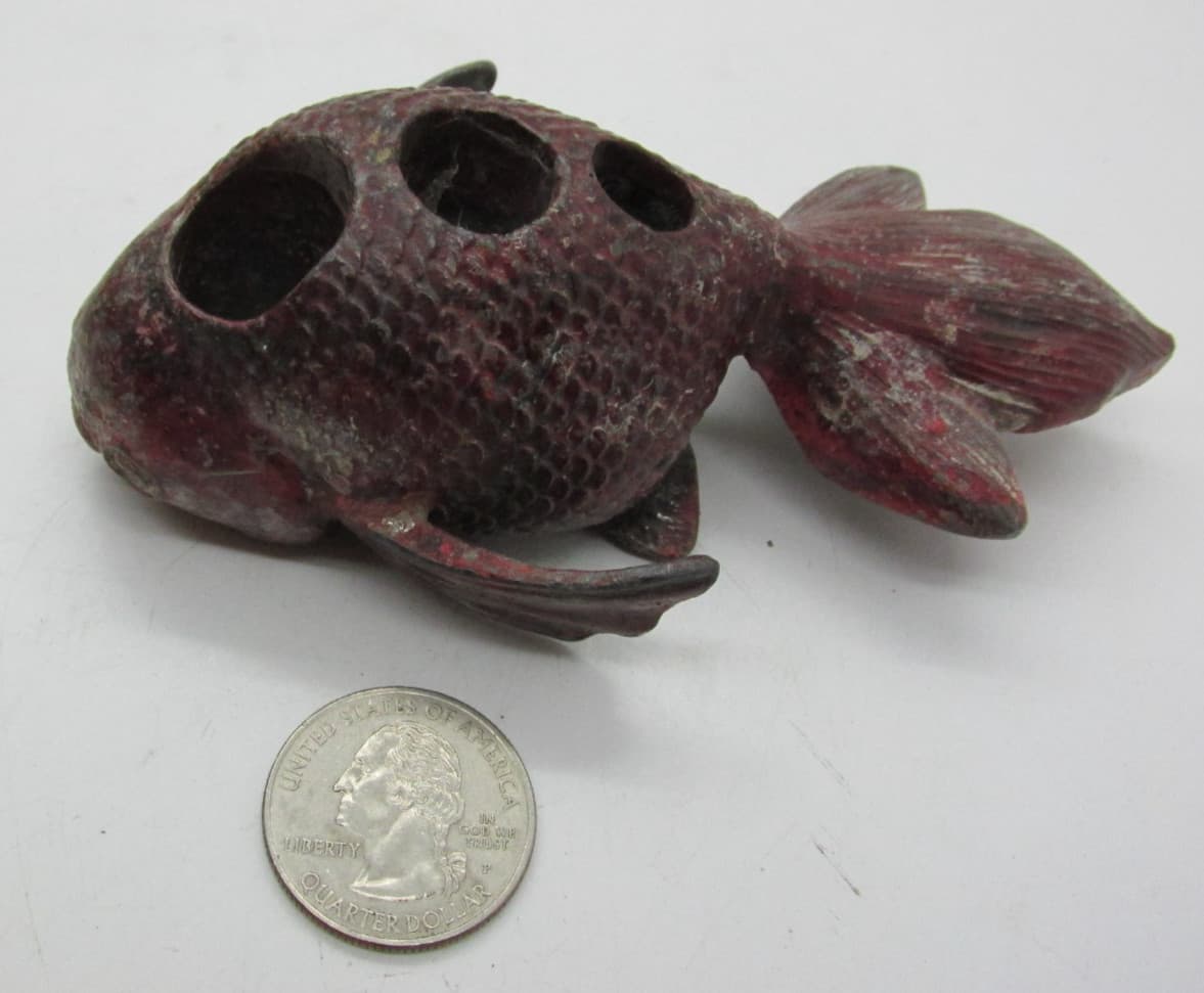 Antique Cast Iron Metal Red Koi Gold Fish Flower Frog Ikebana Flower arranging 6