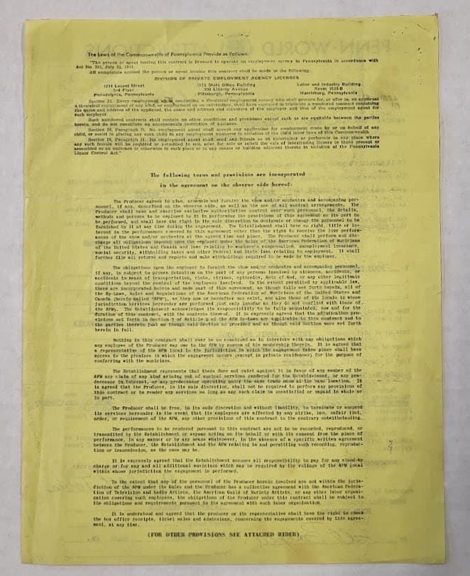 Signed Vintage Contract The Drifters at Delaware Valley College 1969 2