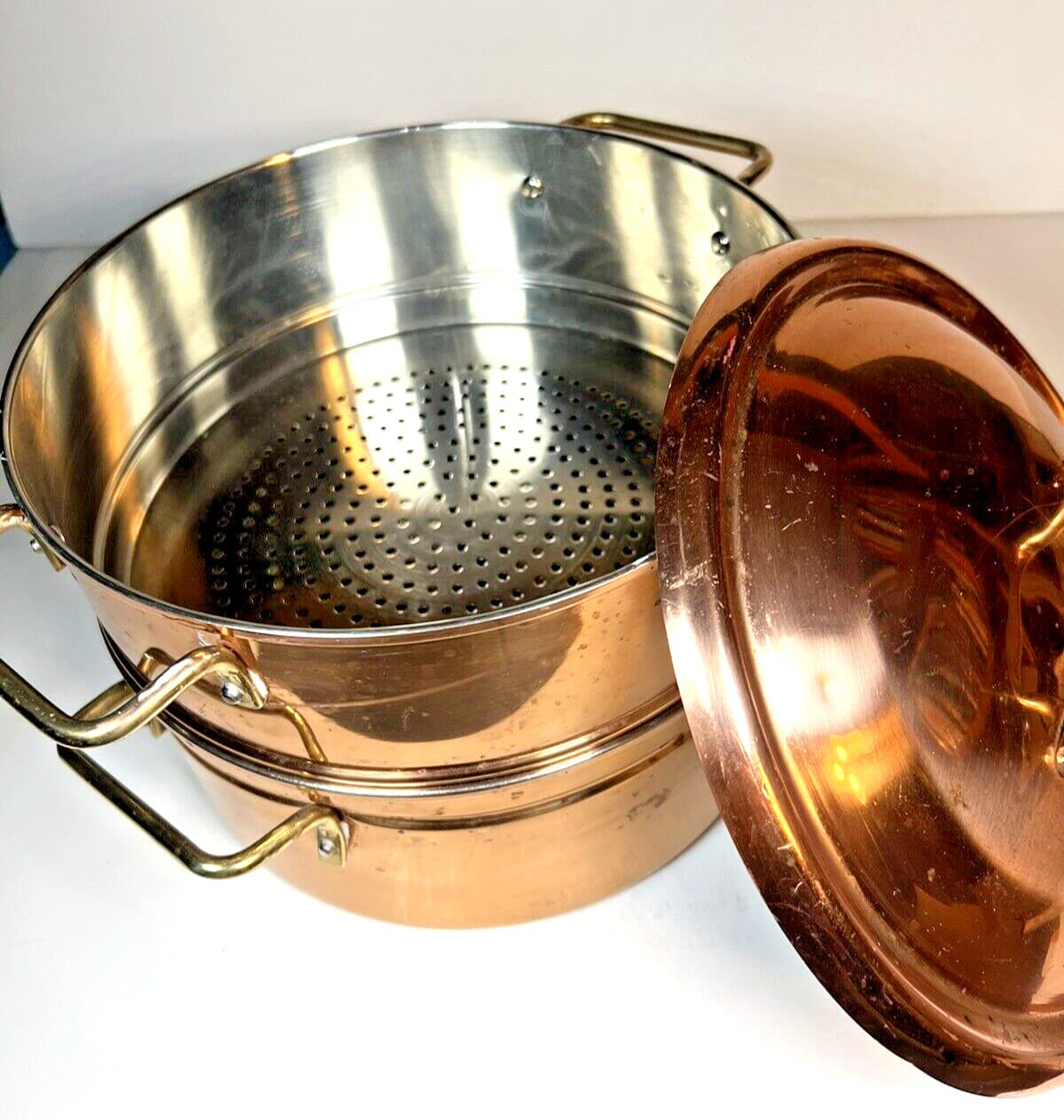 Copper Clad Steamer Pot with Lid.  8.75" dia.  base is 3.5" basket is 3.25" tall 6