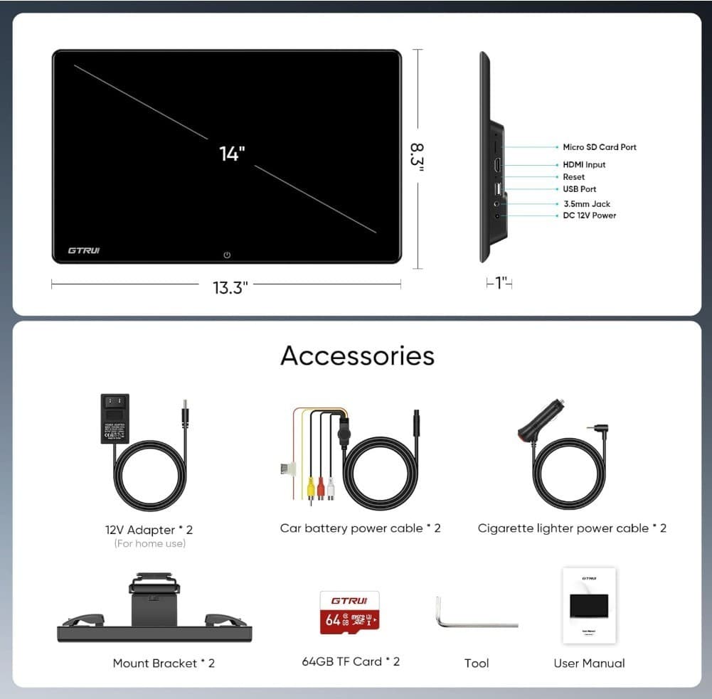 14 Inch 4G+64G Android 13 Car Headrest Video Player, Rear Seat Car TV with 4K 2