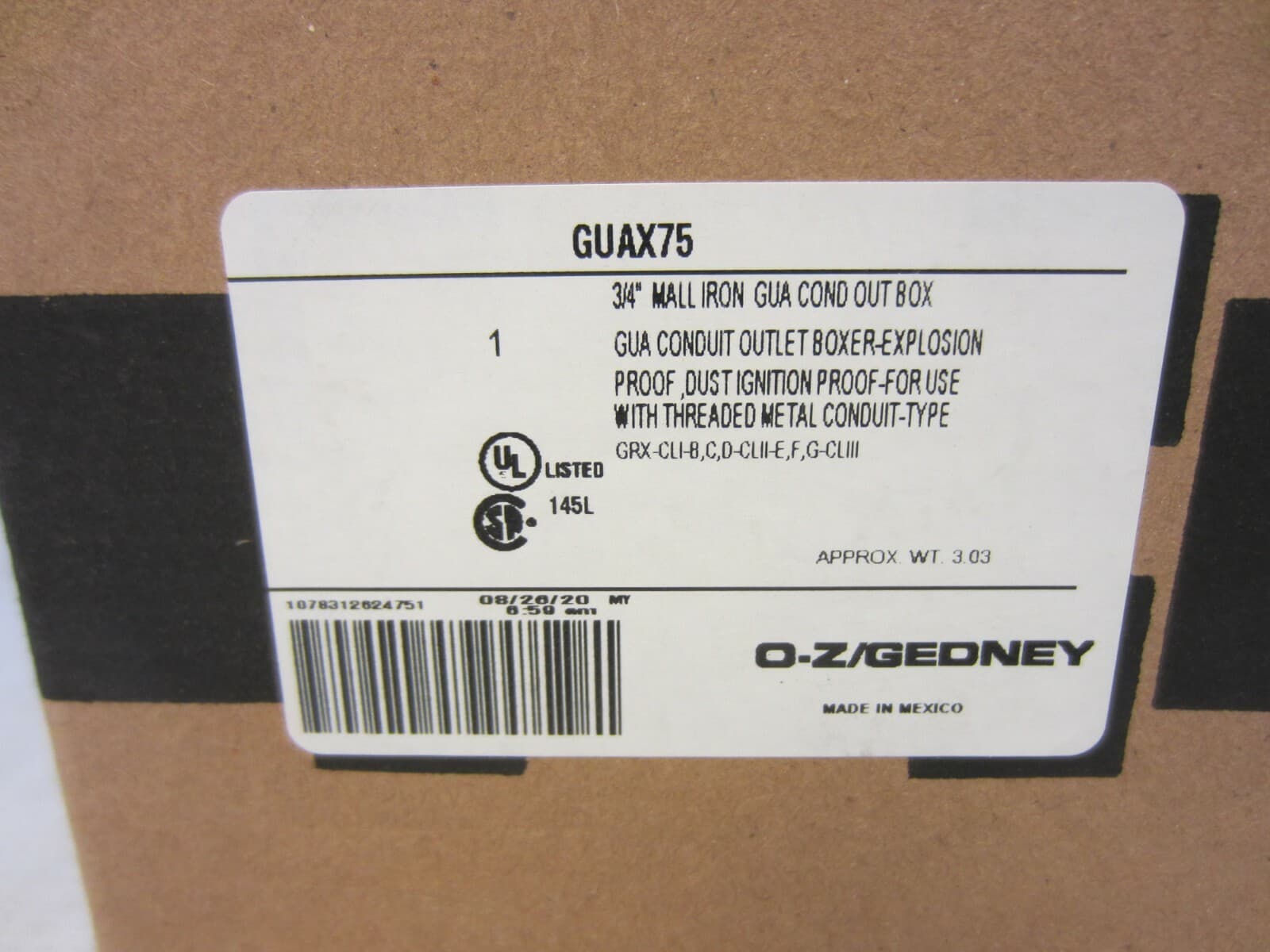 OZ/GEDNEY GUAX75  3/4" EXPLOSION PROOF TYPE GUA OUTLET BOX  GRX75  GUAX26 2
