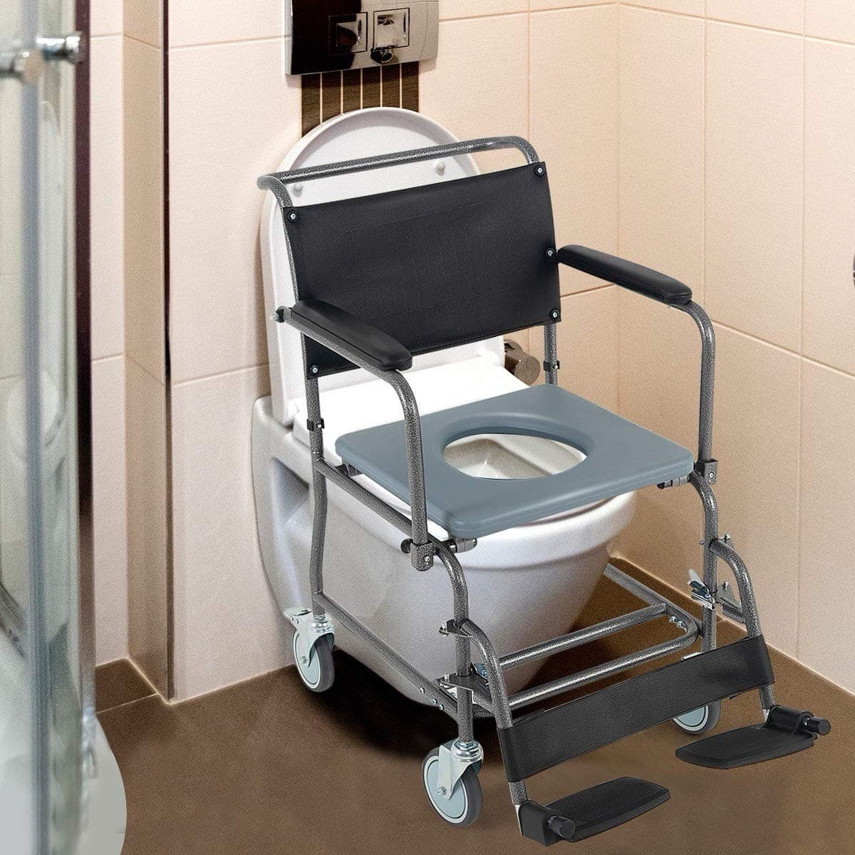 Medical Commode Shower Commode Wheelchair Bedside Toilet and Rolling Chair US