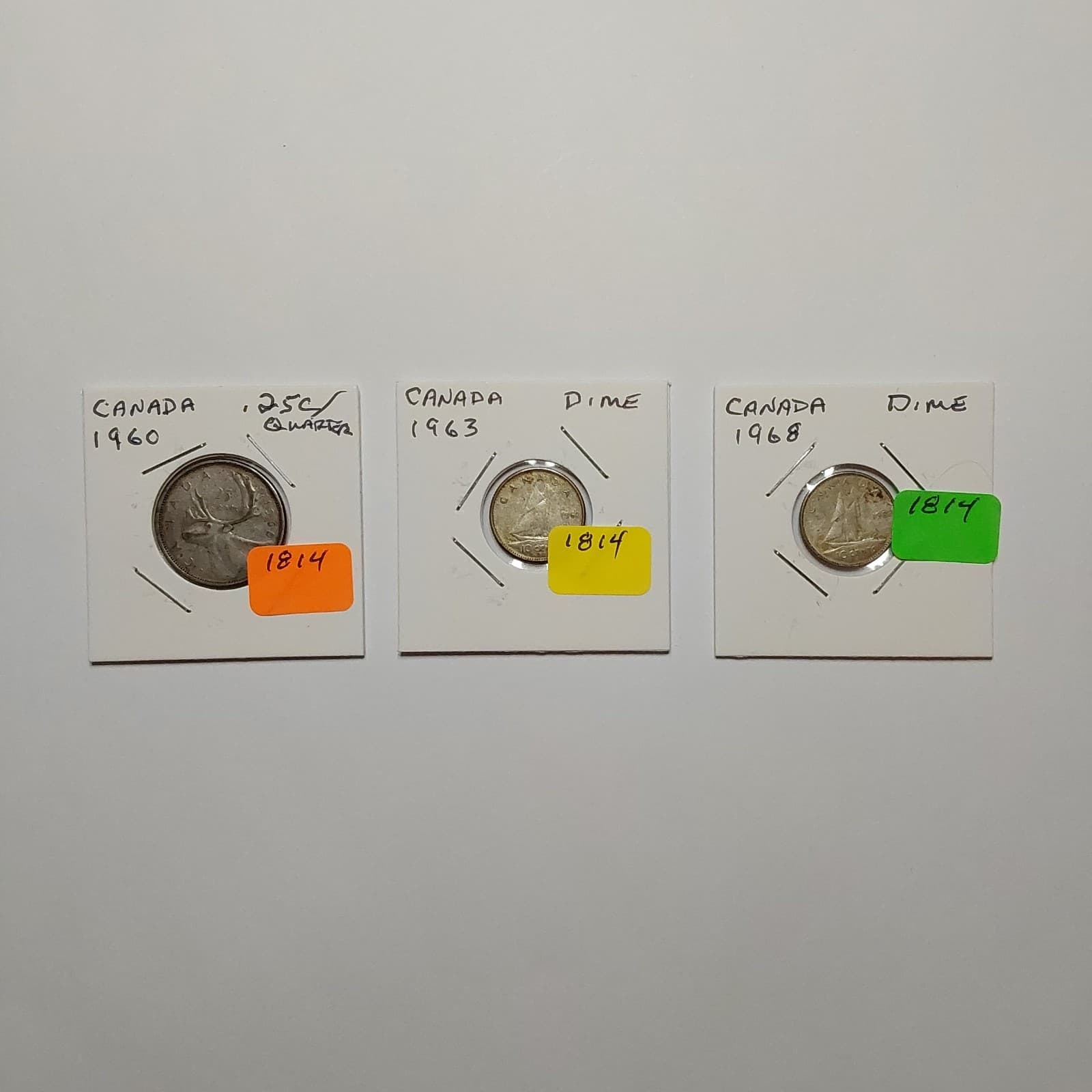 Lot of 3 Circulated Canadian Coins, 1960 Quarter, and 2 Dimes, 1963 and 1968.