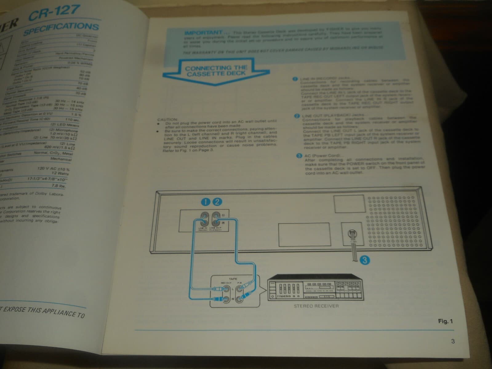 FISHER CR-127 Stereo Cassette Deck Operating Instructions Manual 1982 3