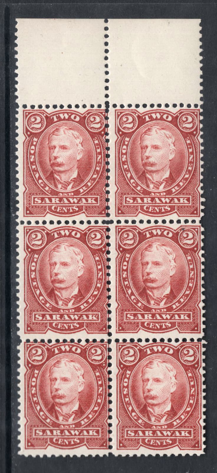 M18791 Sarawak 1895 SG28 - 2c brown red in a top marginal, vertical, block of 6.