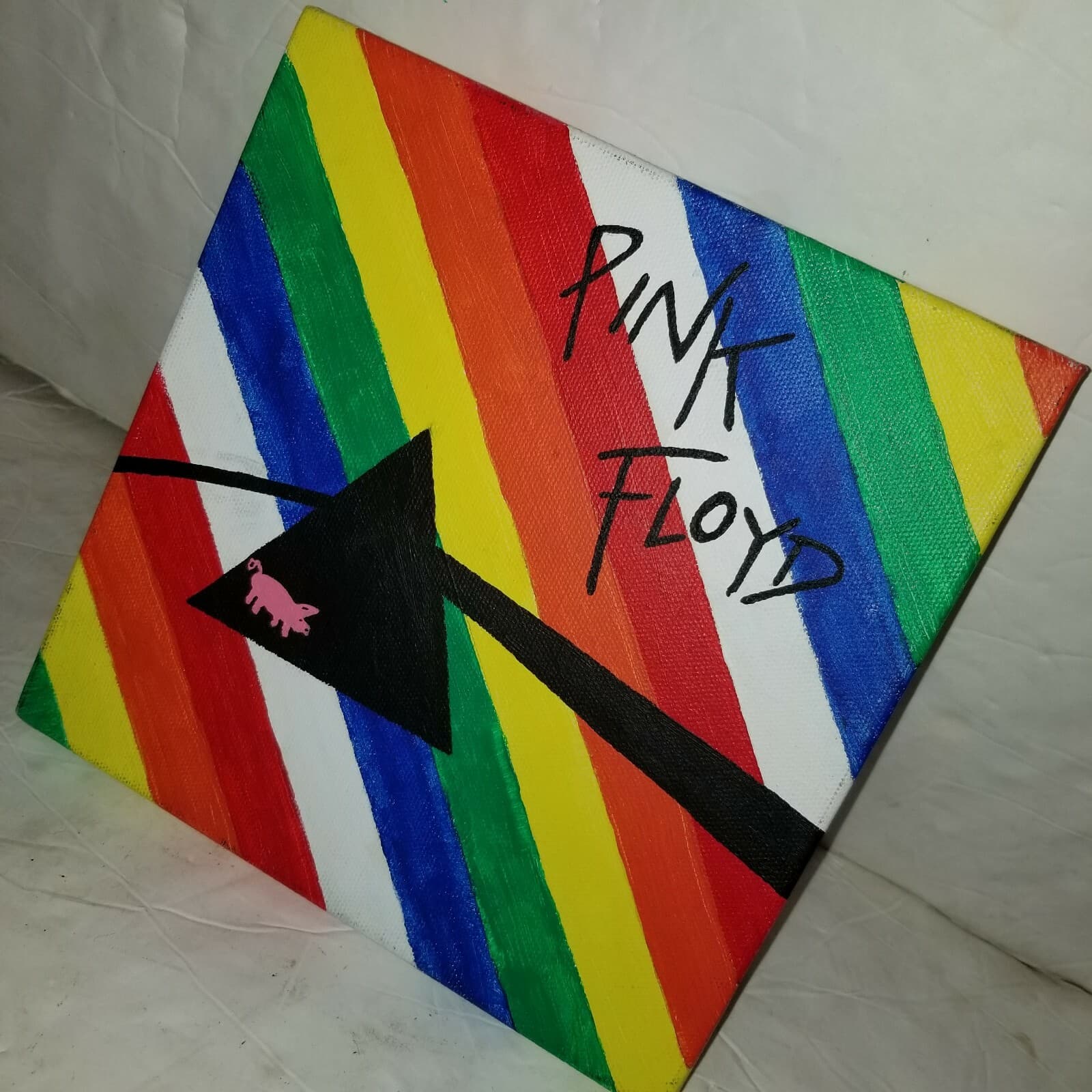 Pink Floyd Painting 8" Canvas Watercolor Rainbow Stripes Triangle Unique - EUC 2