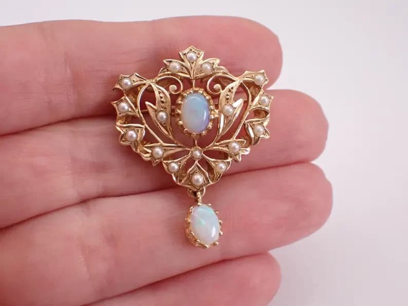2.20Ct Oval Natural Fire Opal Vintage Estate Brooch Pin 14K Yellow Gold Plated 4