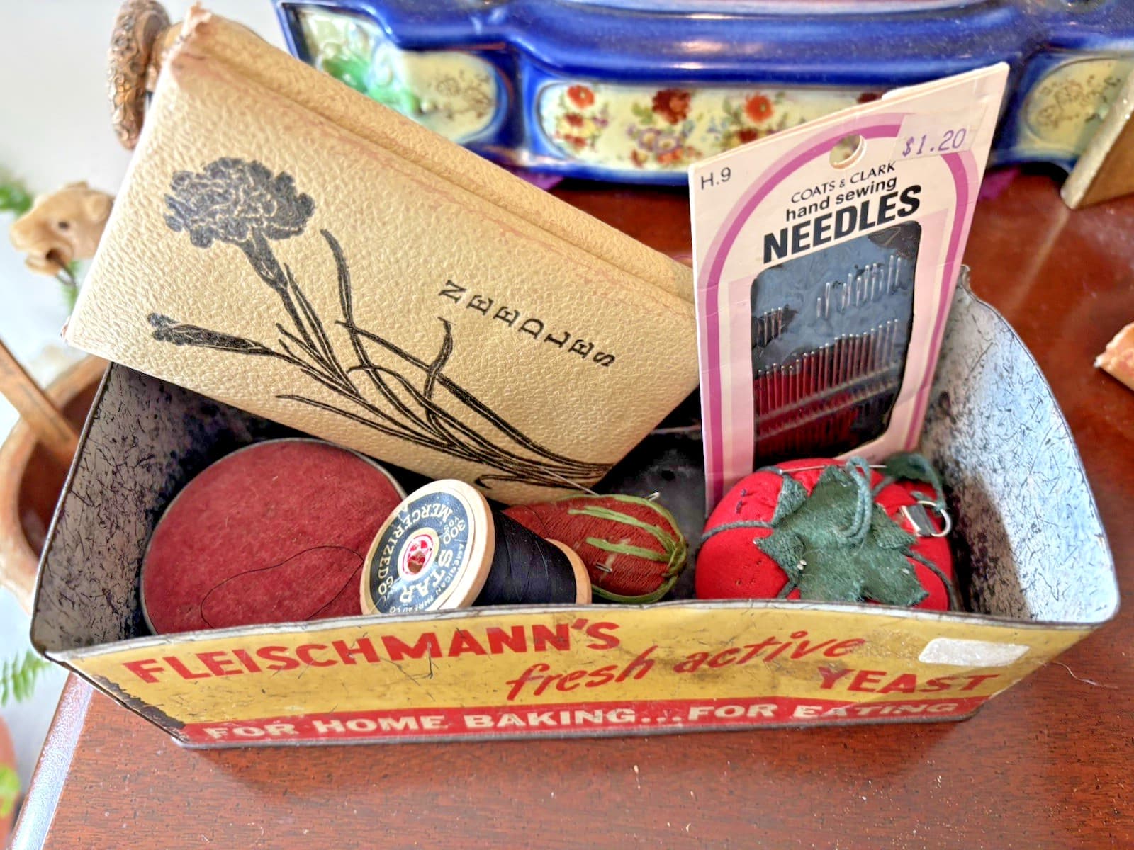 ANT TIN YEAST CONTAINER + 6 NOITIONS: ANTIQUE PIN CUSHIONS, FOLD OUT NEEDLE PACK 3