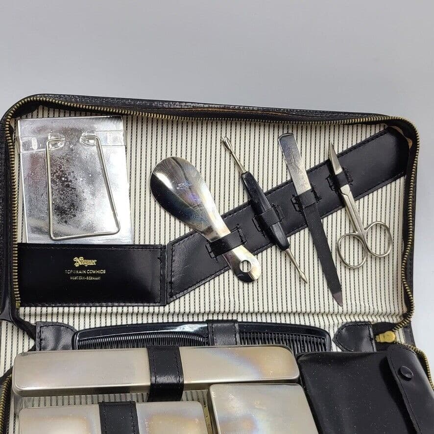 Vintage 60s Noymer Black Travel Vanity Grooming Case Mens Leather Cowhide New 3