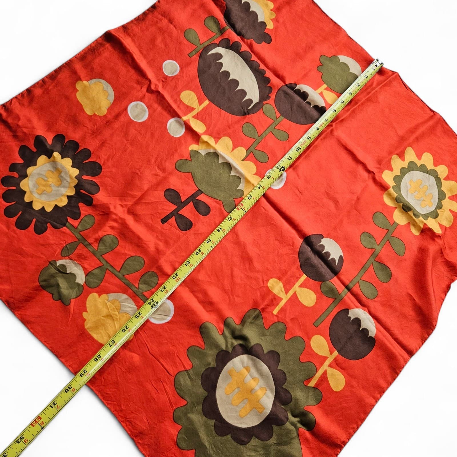 Vintage 1960-70s MOD Silk Scarf  Orange Flowers Hand Rolled Hem 29" Square 3
