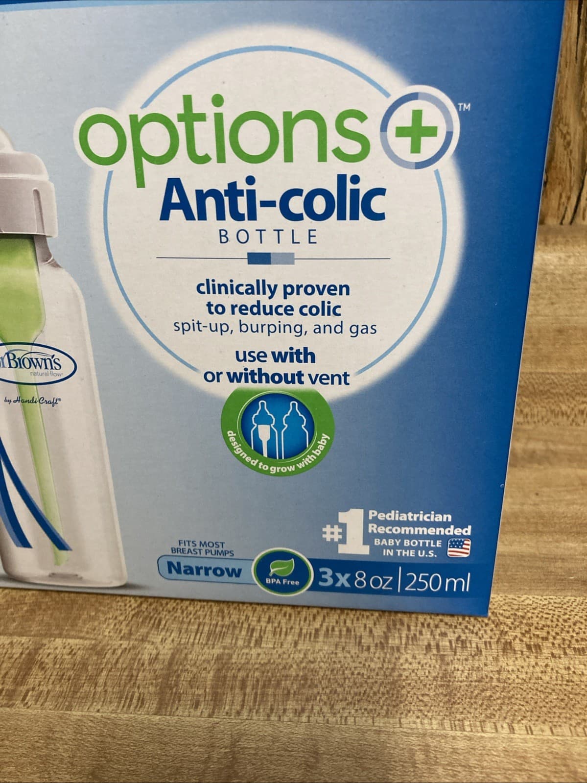 Dr. Brown Natural Flow Options + Narrow Anti-Colic Baby Bottles 8oz 3 Pack Lvl 1 2