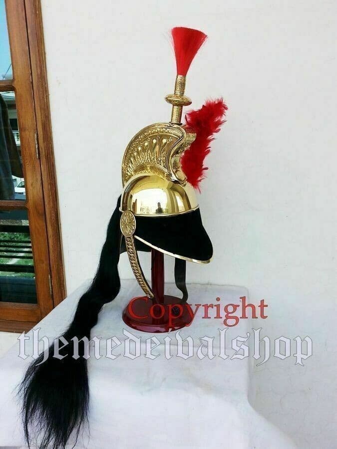 French Cuirassier Officer's Napoleon Brass Helmet With Red Plume & Wooden Stand