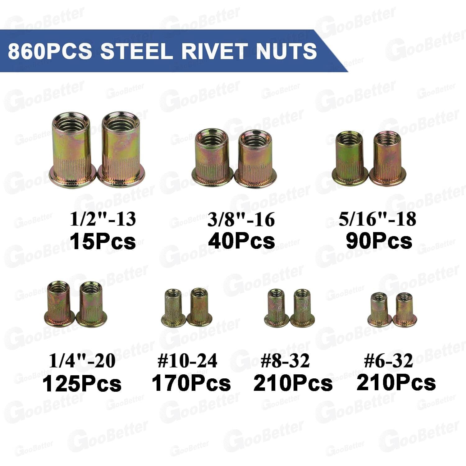 860x Rivet Nuts Kit Carbon Steel Rivet Nut Insert Nutsert Assortment Kit 6#~5/16 6