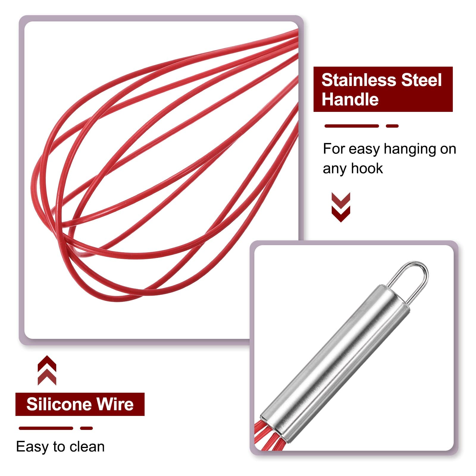 3Pcs Silicone Whisk 8" 10" 12" Kitchen Whisk Wire Whisks Beater Red 4