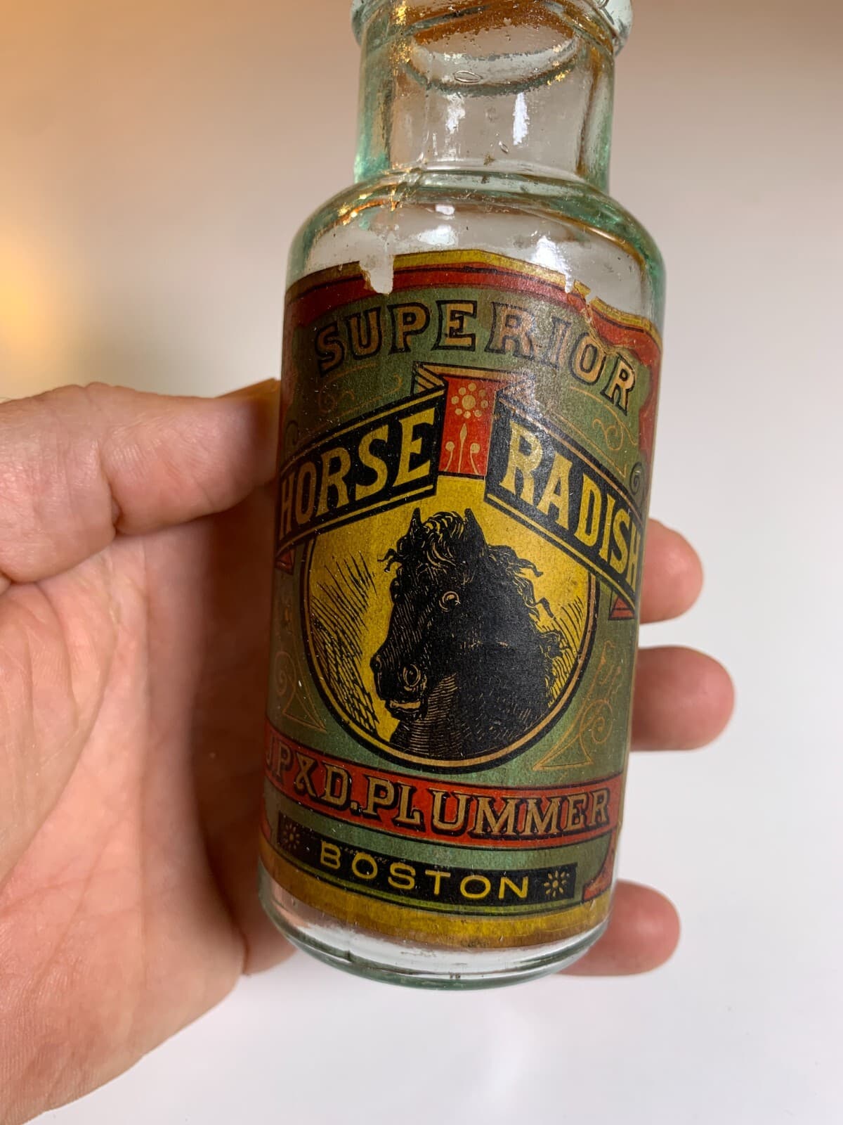 Antique LABEL Superior Horse Radish Horseradish Boston MA Plummer Bottle Jar 4