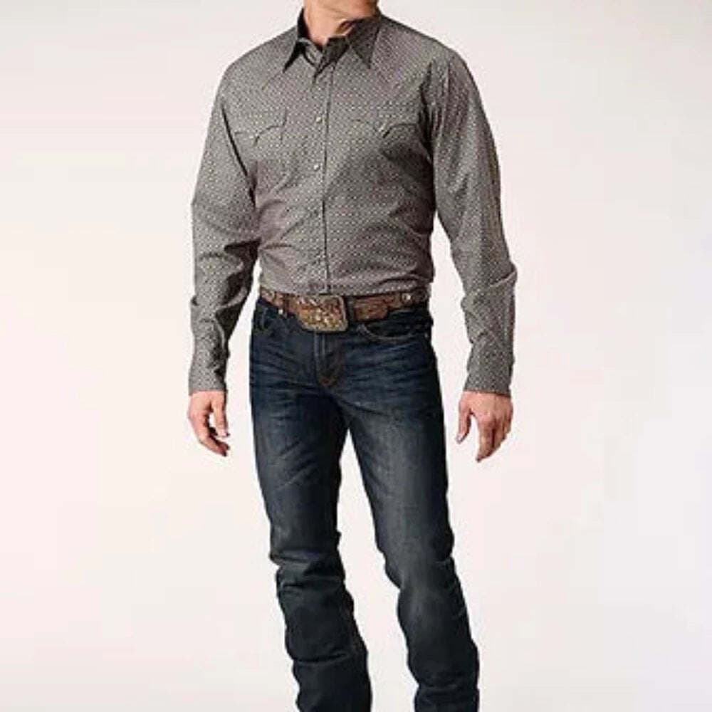 New! Men's Roper Grey BROKEN DIAMOND PRINT WESTERN SHIRT w/ Snaps 6 SIZES!