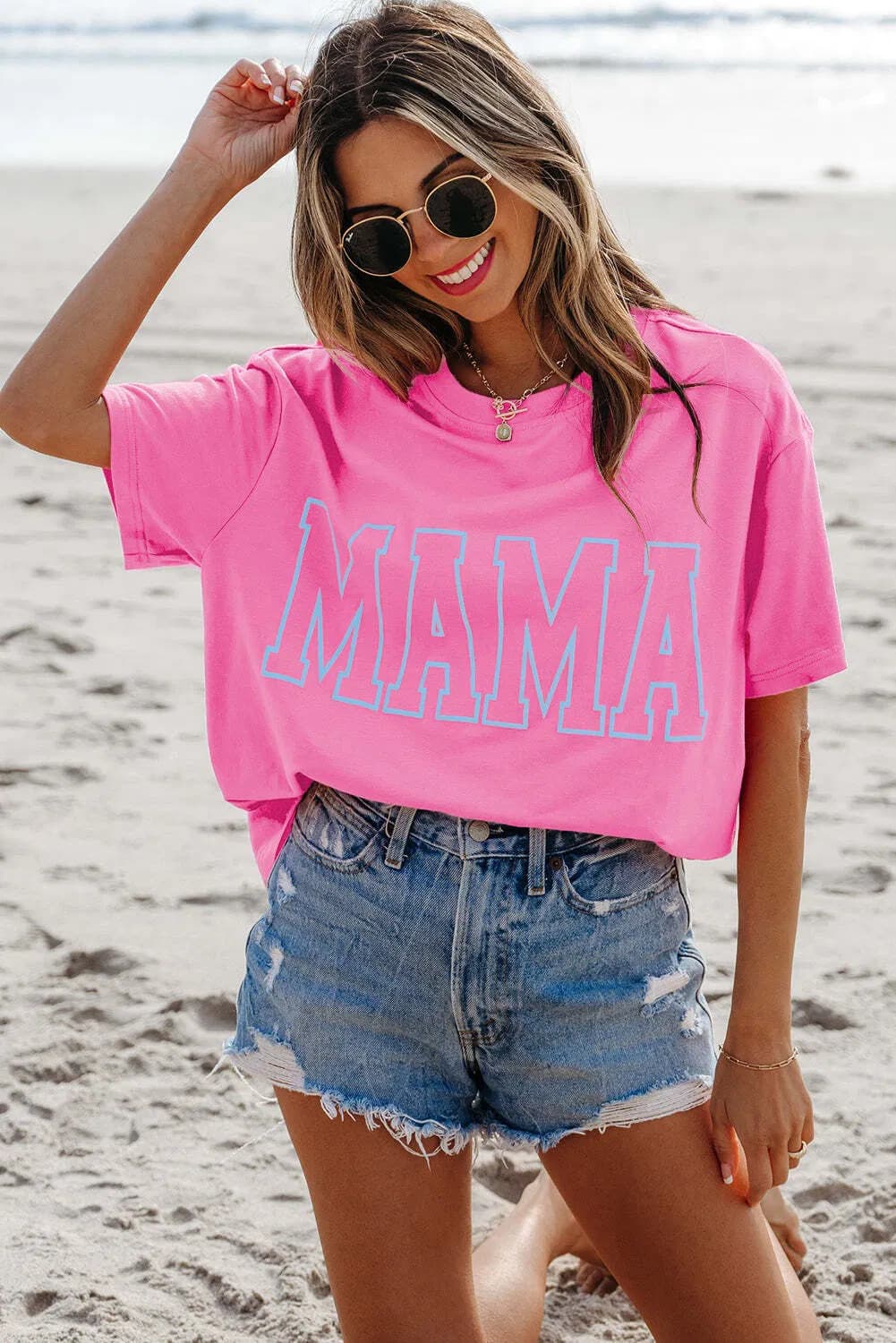 Bright Pink MAMA Letter Graphic Neon T Shirt 4