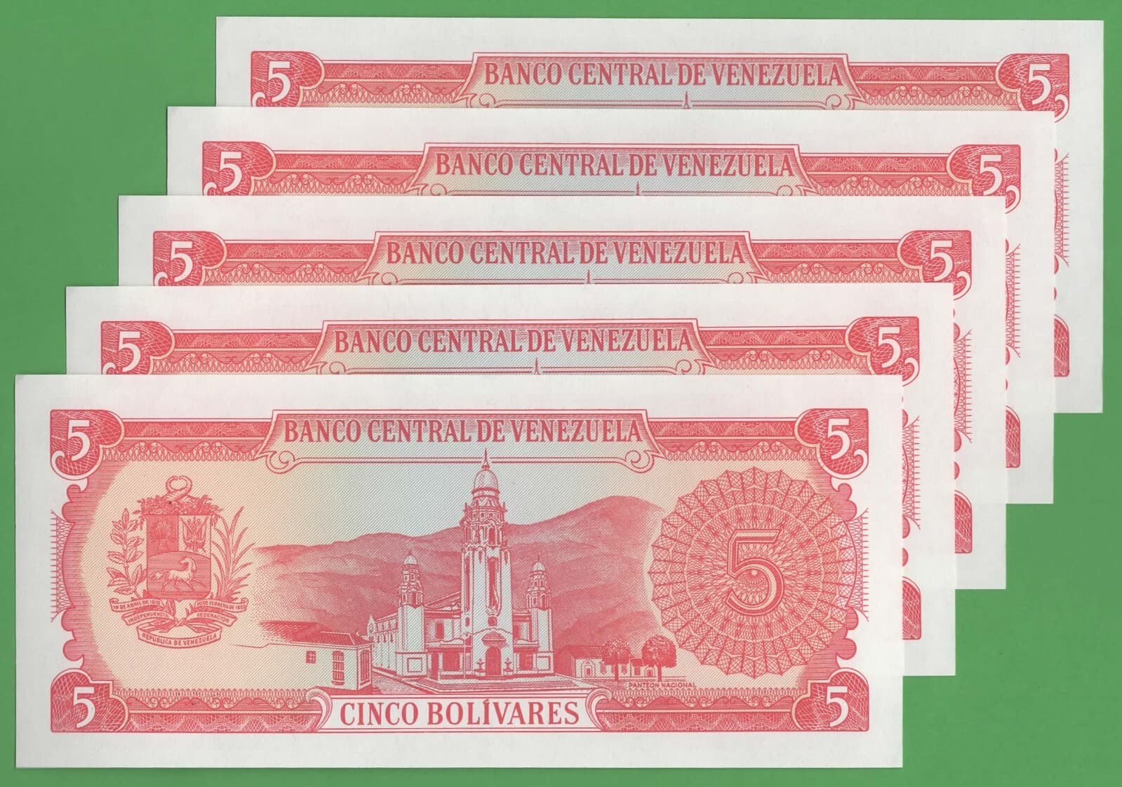Lot of 5 Venezuela 5 Bolivares 1989 P-70a UNC South America Currency Consecutive 2