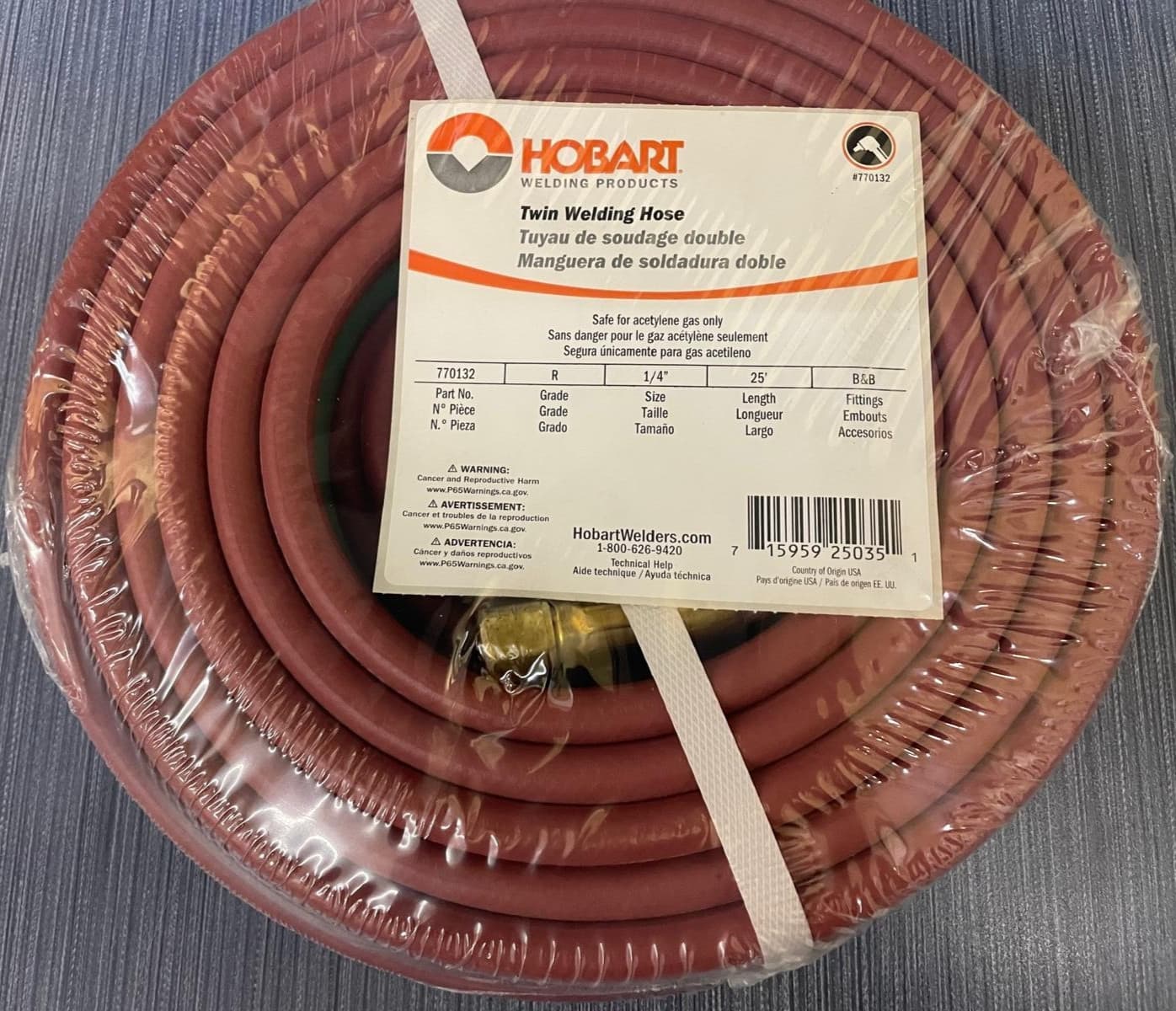 Hobart Oxy/AC Hose Grade R Twin Welding Hose 770132 ~ 1/4" x 25' B&B Fittings 3