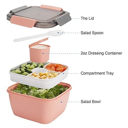  Salad Lunch Containers To Go, 2 Pack 52-oz Bowls with 3 Pink+Green 3