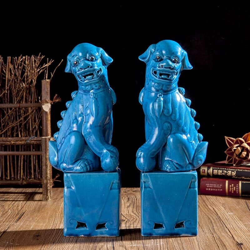 12.6" Chinese Jingdezhen Porcelain Blue Foo Fu Dog Guardion Lion Ceramics Statue 2