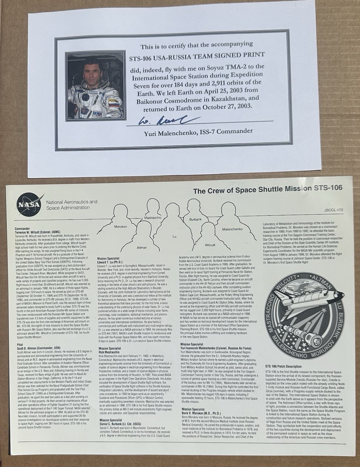 STS-106 NASA signed Crew Litho Flown On Soyuz TMA-2/ISS-7 2