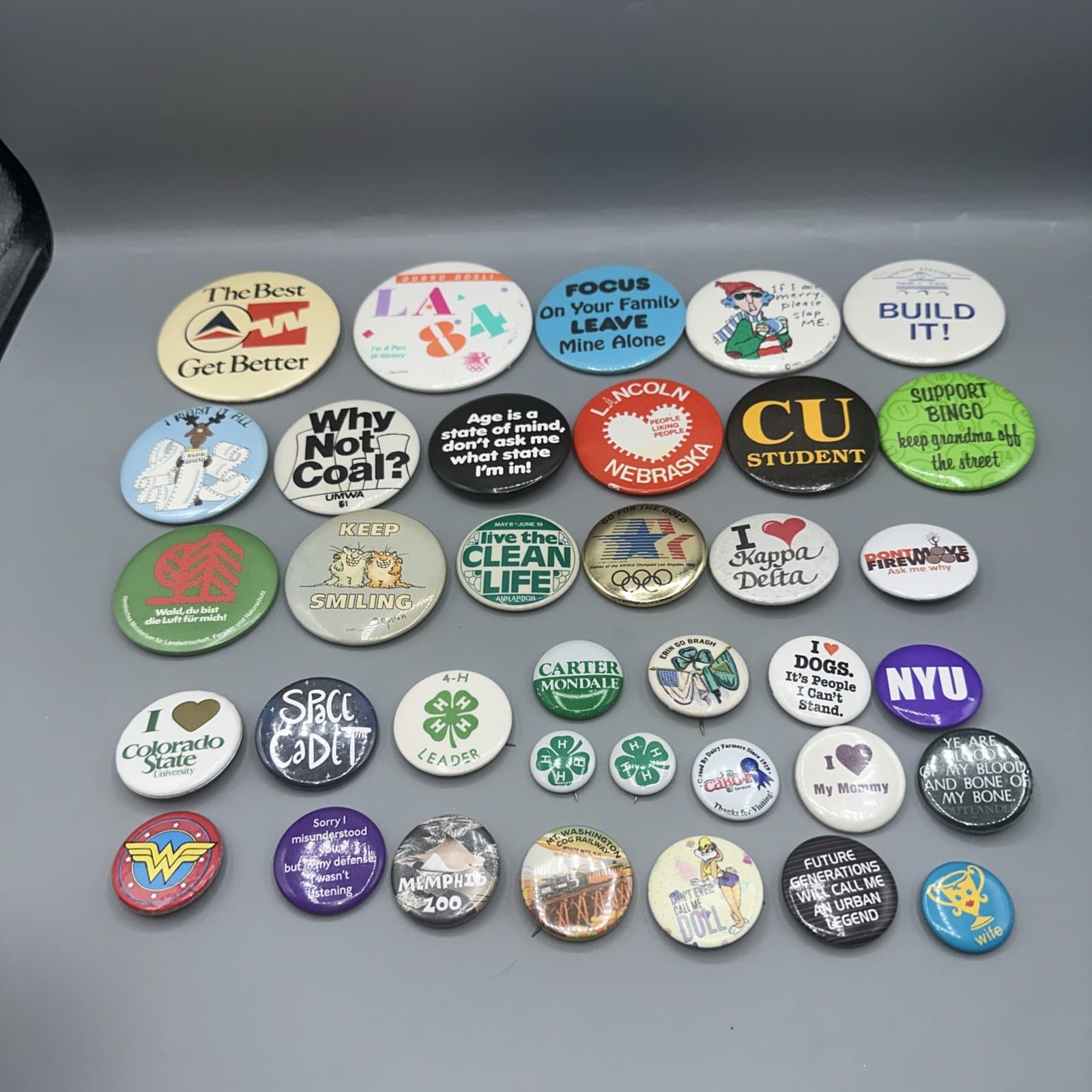 Lot 36 Vintage Pin Pinback Buttons political hallmark Olympic protest 70s 80s 90