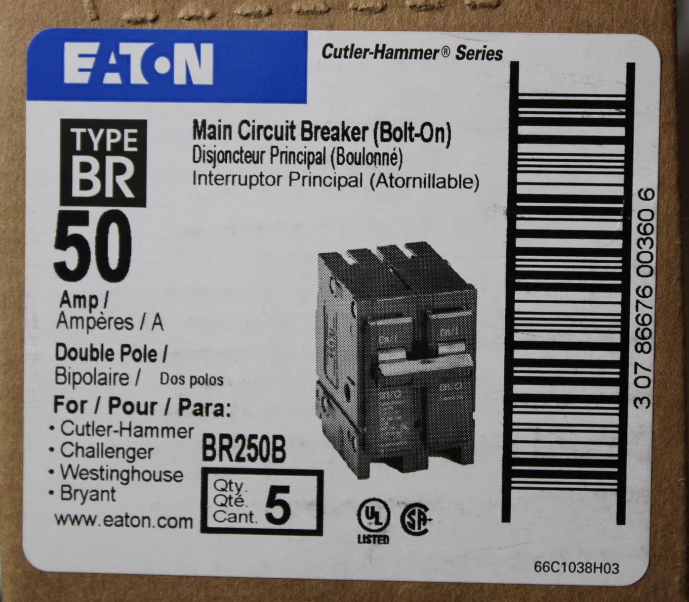 Eaton BR250B/C250B Bolt-On 2 Pole 50 Amp 120/240VAC Circuit Breaker NEW 5