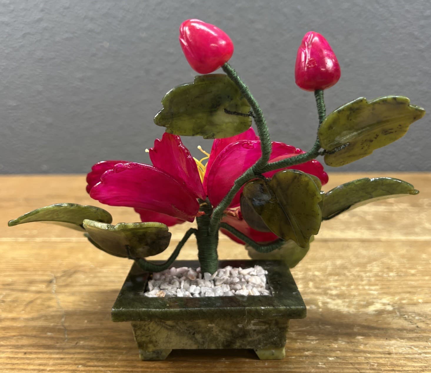 Vintage Japan Carved Stone Jade Bonsai Flowering  Tree 6