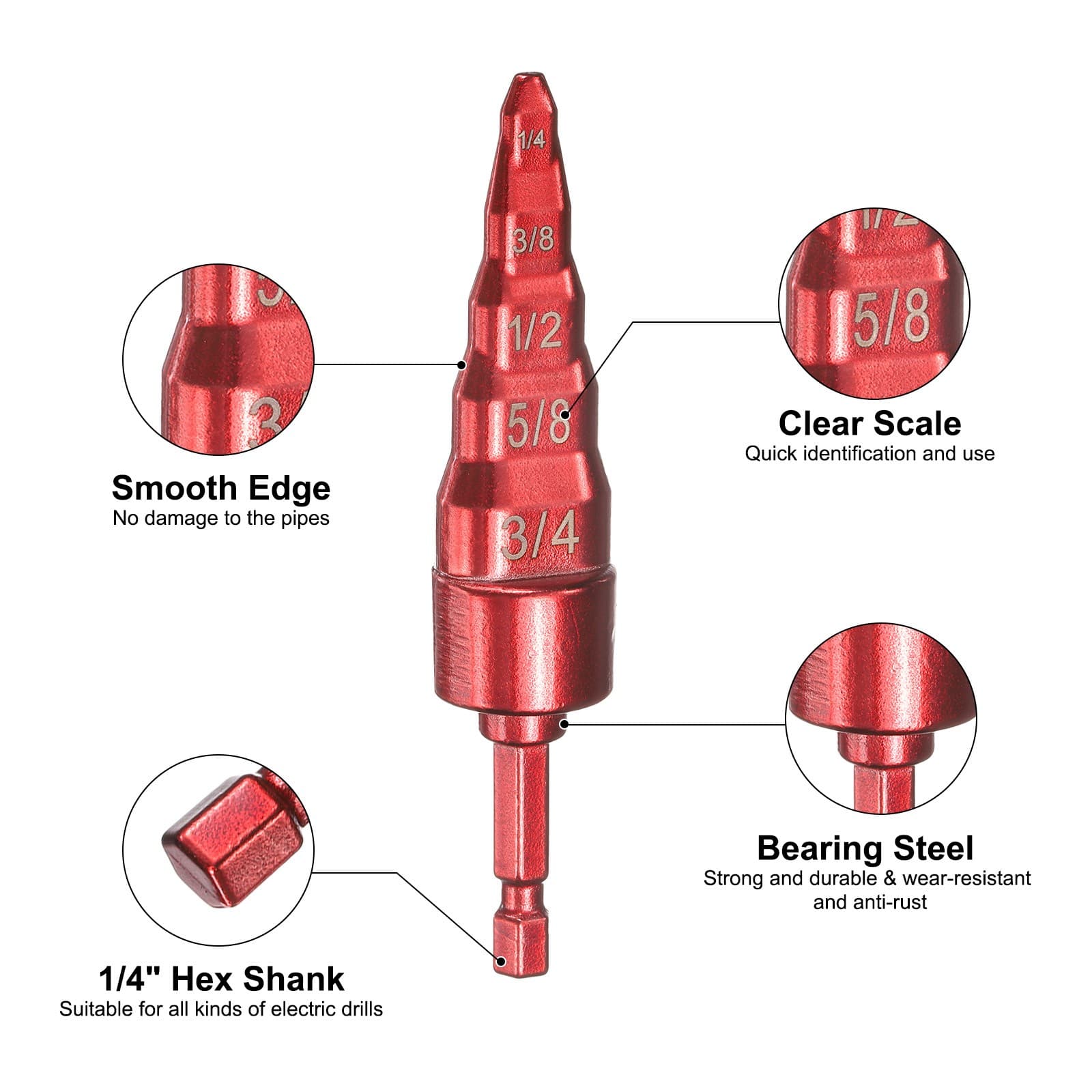 1/4" 3/8" 1/2" 5/8" 3/4" Swage Expander Drill Bit with 1/4" Hex Shank Red 4