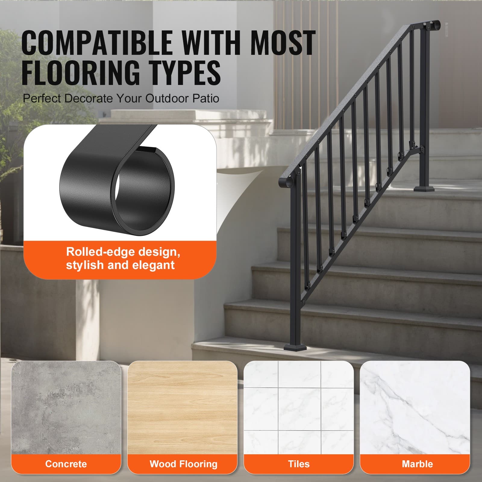 Uimoso 5 Steps Handrail Outdoor Stair Railing for Porch Deck Black Retro Arch 5