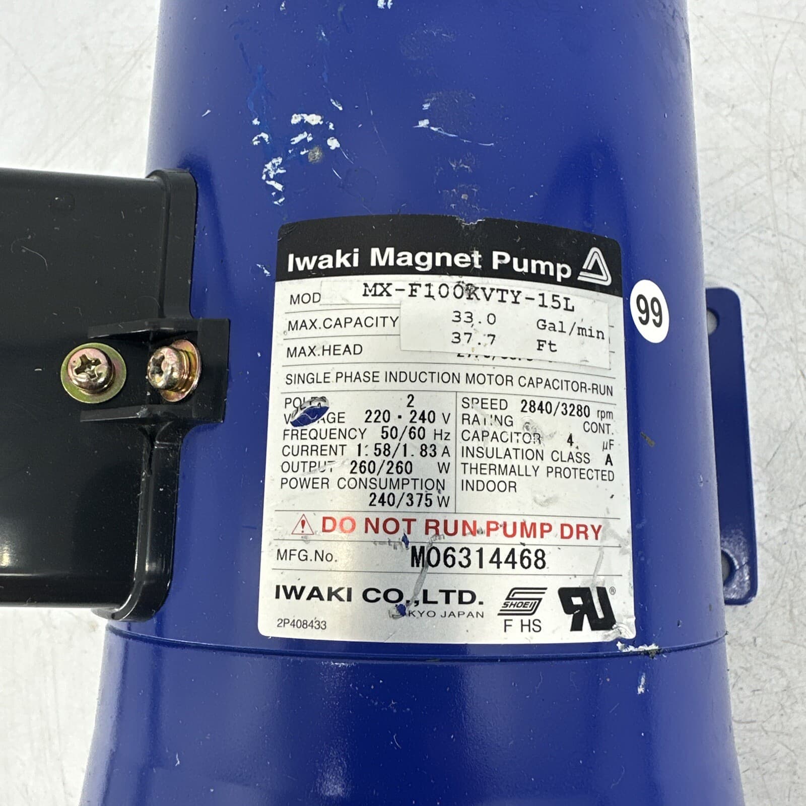 Iwaki Magnet Pump MX-F100KVTY-15L Single Phase Induction Motor 33 gal/min *READ* 3