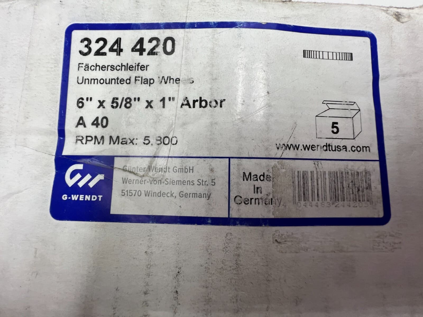 Box of 5 - G-WENDT  Unmounted Flap Wheels 6" x 5/8" x 1" Arbor A 40, 324 420 5
