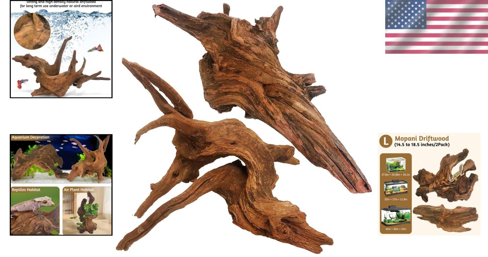 Natural Large Aquarium Driftwood 2 PCS 15"-19" for Fish Tank & Terrarium 2