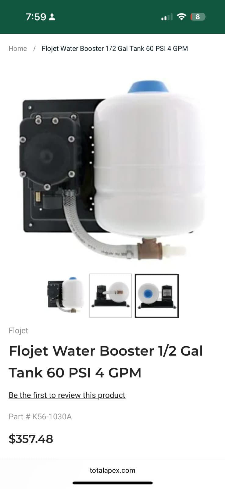 Flojet Water Booster 1/2 Gal Tank 60 PSI 4 GPM 4