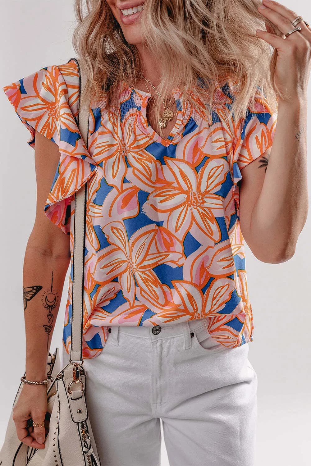 Orange Summer Flower Print Notched Neck Ruffle Sleeve Blouse 5