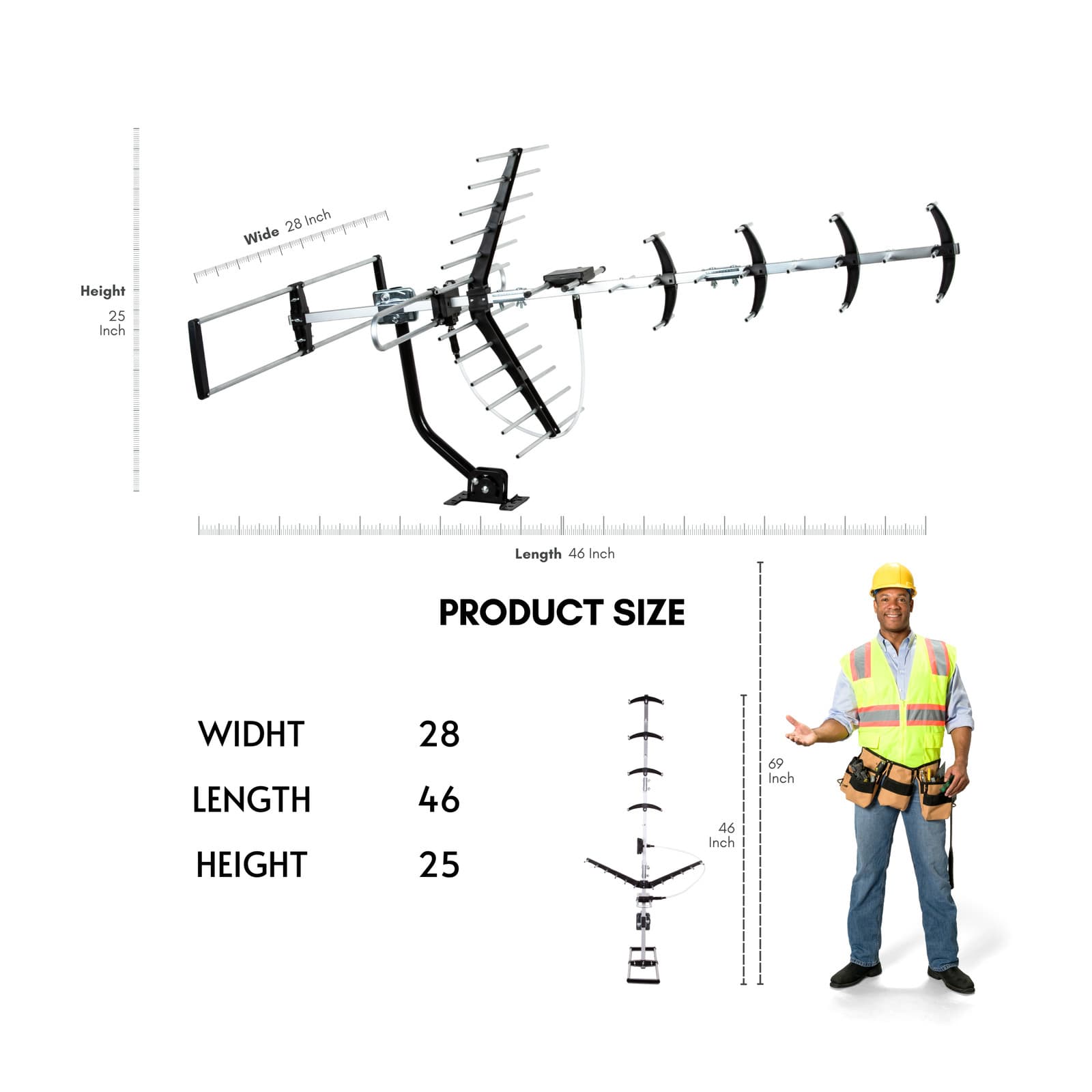 Outdoor Attic or Roof Mount TV Antenna up to 200 Miles with Mounting Pole