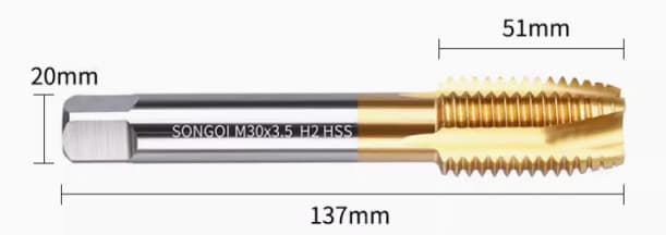 TiN Coated M30 x 3.5"  Tap Set -Bottoming Tap Only -   1 pcs - Right Hand  A 5